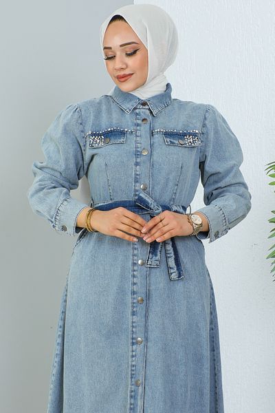 benguen 6804 Rochie de denim cu mărgele de buzunare Albastru