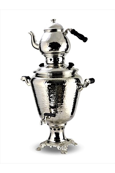 Sonay Bakırcılık Yeni Model Dövme Nikelli Kalın Kömürlü Bakır Semaver 4 Lt