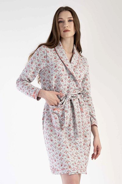 VİENETTA Women's Gray Cotton Quilted Shawl Collar Long Sleeve Short Dressing Gown