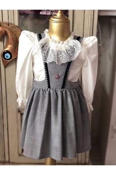 İPEKACOUTURE Γκρι Vintage καρό λευκό πουκάμισο φόρεμα