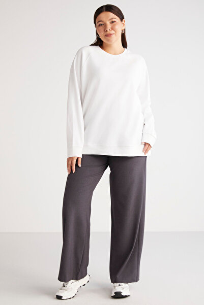 ETHIQUET Barborabb Kadın Relaxed Içi Polarlı Yumuşacık Comfort Fit Beyaz Büyük Beden Sweatshirt