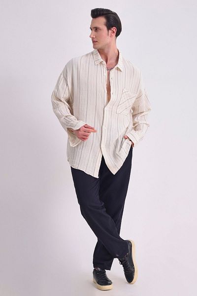 RELAXL 100% Cotton Muslin Fabric Flowing Long Sleeve Summer Striped Men's Shirt with Pockets