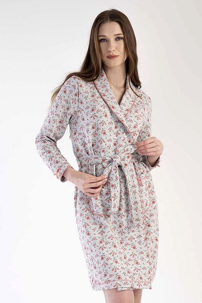 VİENETTA Women's Gray Cotton Quilted Shawl Collar Long Sleeve Short Dressing Gown