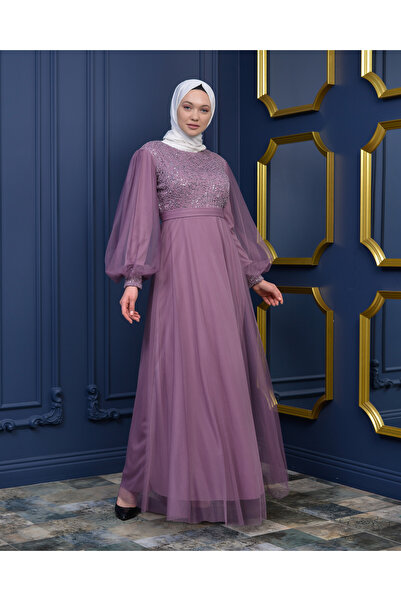 poplinmoda 2098 موديل ساكس فستان سهرة من التول بأكمام بالون ملون