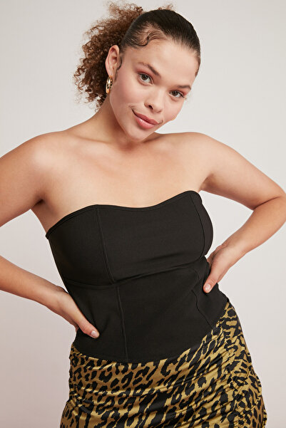 ETHIQUET Adrıana Women's Black Strapless Ribbed Polyester Blouse - Thick Texture, Plus Size