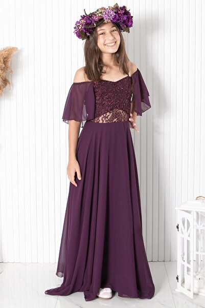 SUBU TASARIM Rochie de seară lungă din sifon cu mânecă și dantelă, prune Mdv330