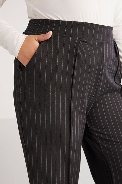ETHIQUET Hannelebb Women's Knitted Striped Ribbed and Pleated Detail Black - White Large Size Trousers with Elastic Waist