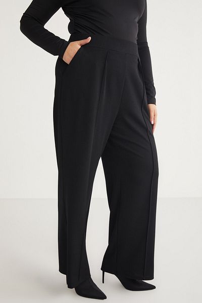 ETHIQUET Hannelebb Women's Knitted Striped Ribbed and Pleat Detailed Black Plus Size Trousers with Elastic Waist