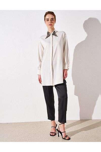 Kayra Butterfly Motif Satin Tunic Ecru