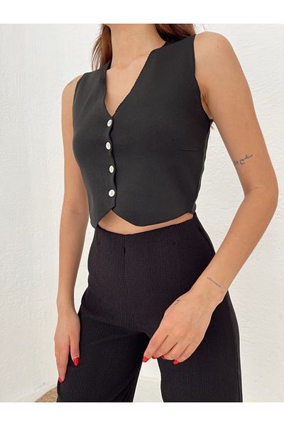 Laluvia Schwarze Strickweste – geknöpft