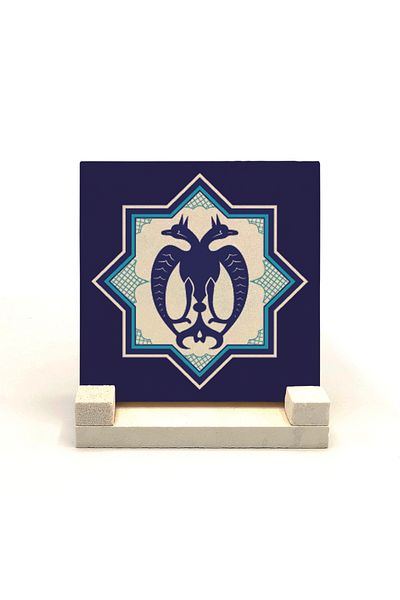 Sadrazam Double-Headed Natural Stone Desktop with Eagle Figure and Anatolian Seljuk Star Print 10x10 Kd-28