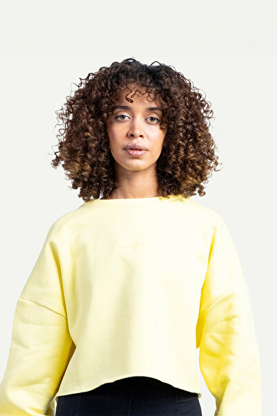 No1You Logo Nakışlı Bisiklet Yaka Crop Kesim Oversize %100 Pamuk Sarı Kadın S...