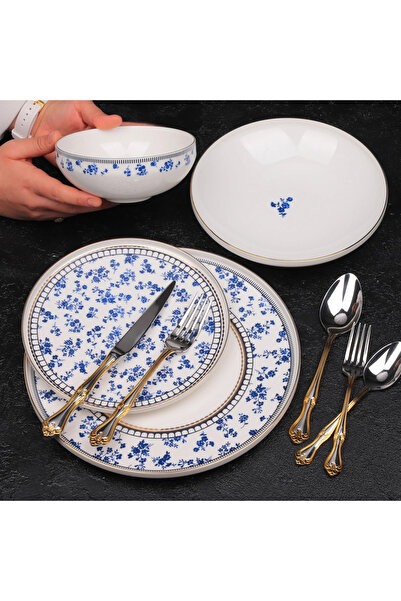 ELİZABETH LONDON Elizabeth London 6 Kişilik Mavi Çiçekli Yemek Takımı
