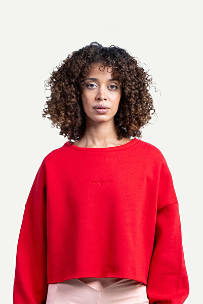 No1You Logo Nakışlı Bisiklet Yaka Crop Kesim Oversize %100 Pamuk Kırmızı Kadı...
