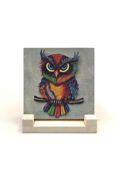 Sadrazam Owl Printed Natural Stone Desktop 10x10 Krg-162