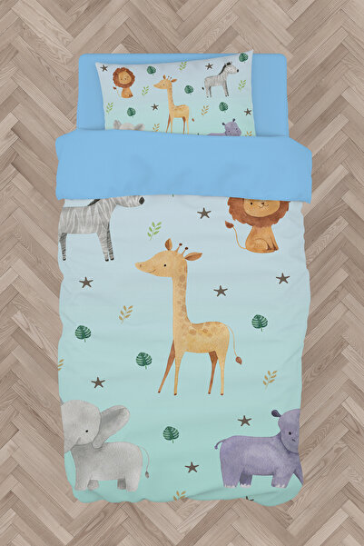 MASAL ODAM طقم غطاء لحاف أزرق بنمط سفاري لغرفة الأطفال والرضع BMN-8336