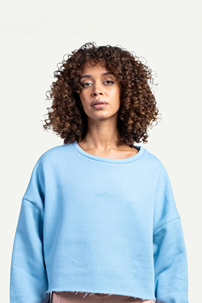 No1You Logo Nakışlı Bisiklet Yaka Crop Kesim Oversize %100 Pamuk Mavi Kadın S...