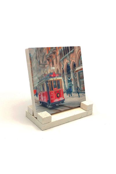 Sadrazam Nostalgic Tram Printed Natural Stone Desktop 10x10 Krt-46