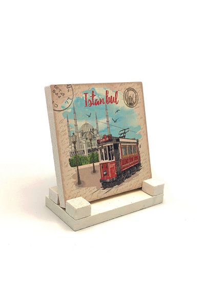 Sadrazam Nostalgic Tram Printed Natural Stone Desktop 10X10 Krt-44