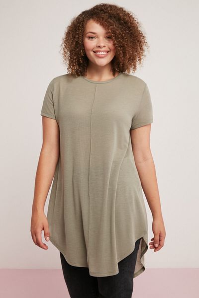 ETHIQUET Rachelle Women's Asymmetric Cut Viscose Blend Flowy Round Neck Khaki Plus Size T-Shirt