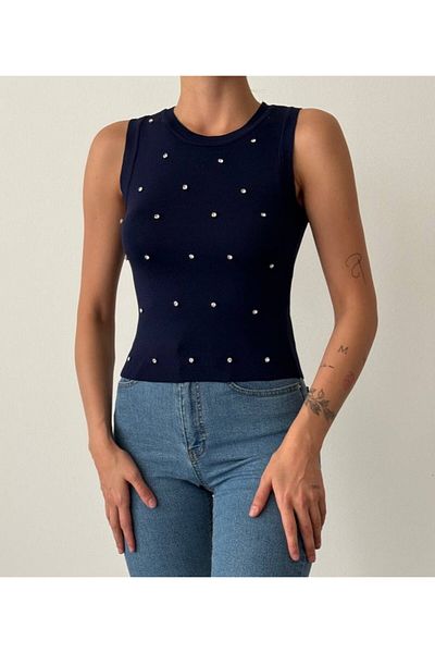 Laluvia Marineblaue, ärmellose Strickbluse mit Steindetail