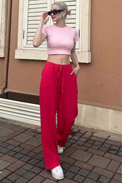 Madmext Fuchsia Crinkle Fabric Basic Women's Beach Pants Mg1778