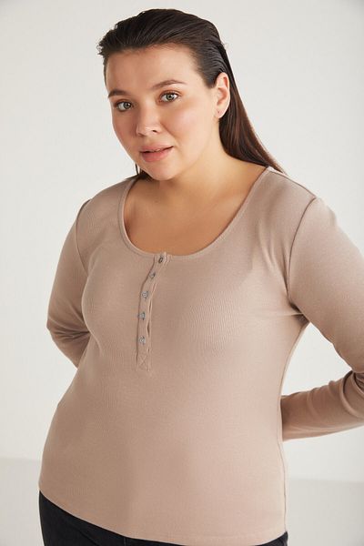 ETHIQUET Zazanabb Women's Ribbed Look Body Hugging Deep Round Neck Buttoned Pink Plus Size Blouse