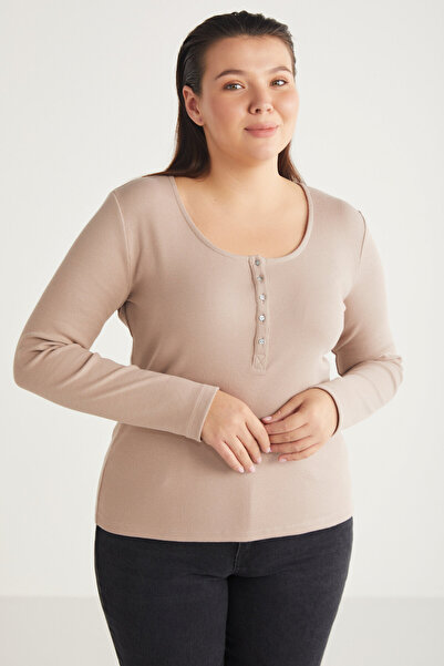 ETHIQUET Zazanabb Women's Ribbed Look Body Hugging Deep Round Neck Buttoned Pink Plus Size Blouse