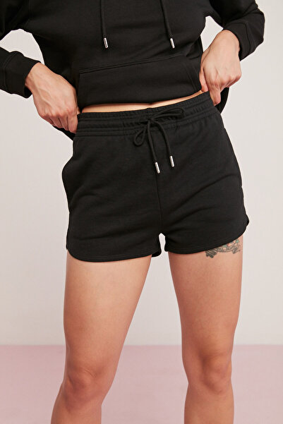 ETHIQUET Tasha Kadın Pamuklu Üç Iplik Şardonlu Yumuşacık Kordonlu Kısa Lastikli Siyah Şort
