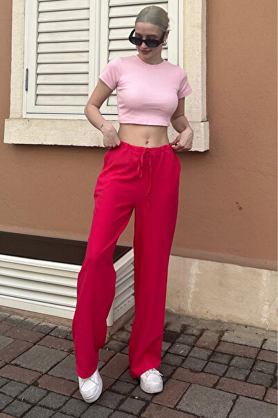 Madmext Fuchsia Crinkle Fabric Basic Women's Beach Pants Mg1778