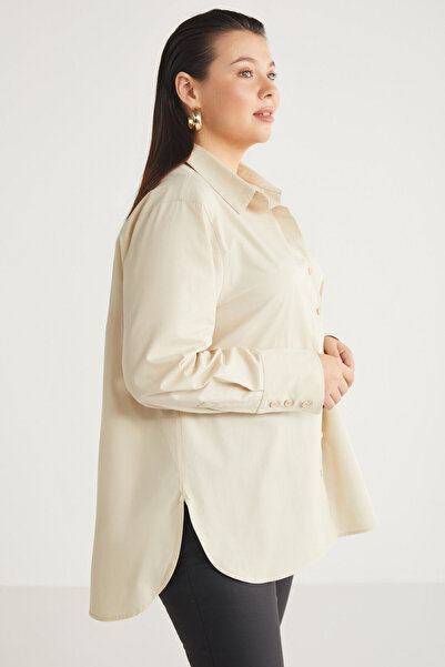 ETHIQUET Amarabb Women's 100% Organic Cotton Oversize Fit Beige Large Size Shirt with Poplin Cuffs