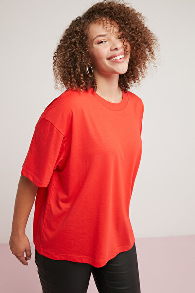 ETHIQUET Allison Women's - 100% Cotton Oversize Round Neck Basic Red Large Size T-Shirt