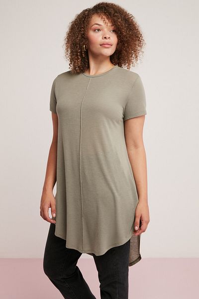 ETHIQUET Rachelle Women's Asymmetric Cut Viscose Blend Flowy Round Neck Khaki Plus Size T-Shirt