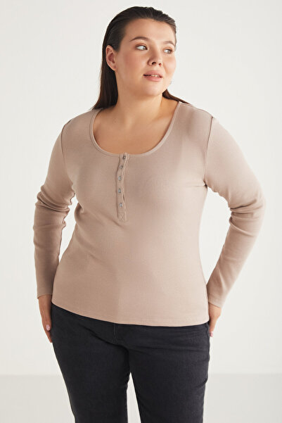 ETHIQUET Zazanabb Women's Ribbed Look Body Hugging Deep Round Neck Buttoned Pink Plus Size Blouse