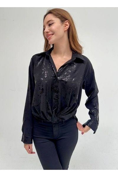 STEPS Black Foiled Printed Knotted Blouse - S