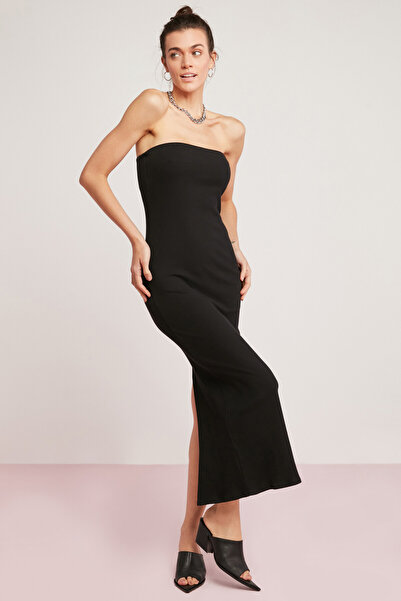 ETHIQUET Dellılah női pamut karcsúsított testhez simuló bordás megjelenés pánt nélküli nyakú maxi hosszúságú fekete ruha