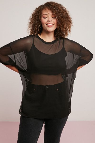 ETHIQUET Yukı Tricou negru cu mânecă liliac din plasă pentru femei
