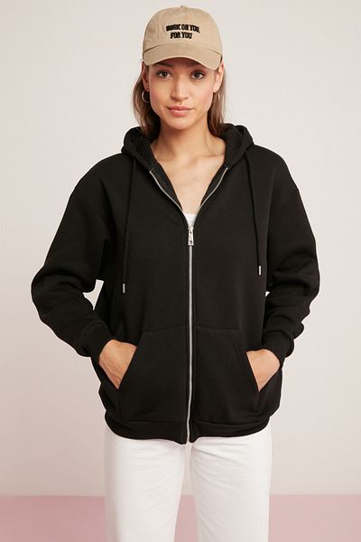 ETHIQUET Hanorac negru supradimensionat pentru femei Oynx, fleece, cu glugă, cu fermoar