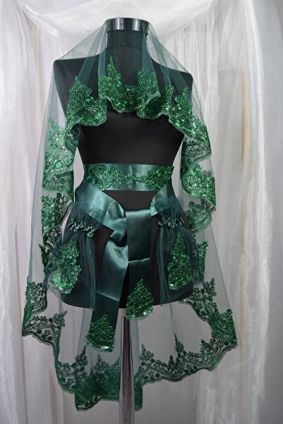 extrasepetim Yeşil Güpürlü Tel Kırma Gelin Duvak Kuşak Eldiven Tam Set Kına G...