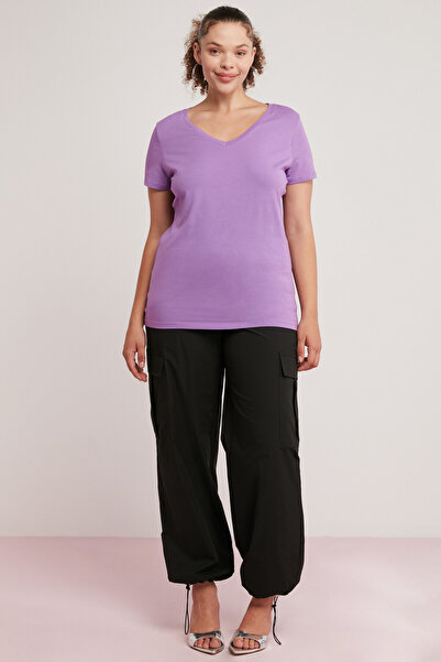 ETHIQUET Loren Women's Cotton Elastane Regular Fit V-Neck Half Sleeve Purple Plus Size Body