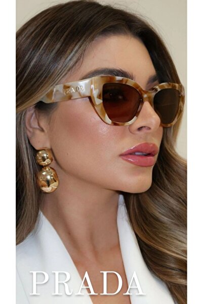 Prada PRA09S19N-20D53 Gözlüğü Sarı & Bej Renk Kemik Çerçeve Kahverengi Lens U...