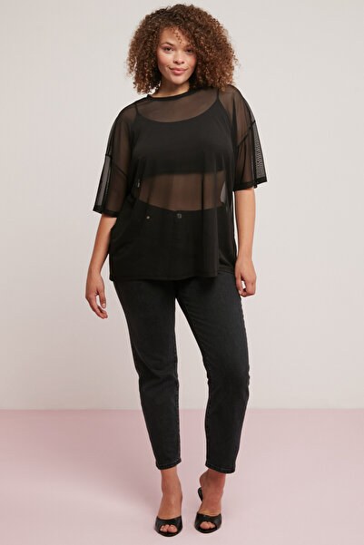 ETHIQUET Yukı Women's Mesh Bat Sleeve Black Large Size T-shirt