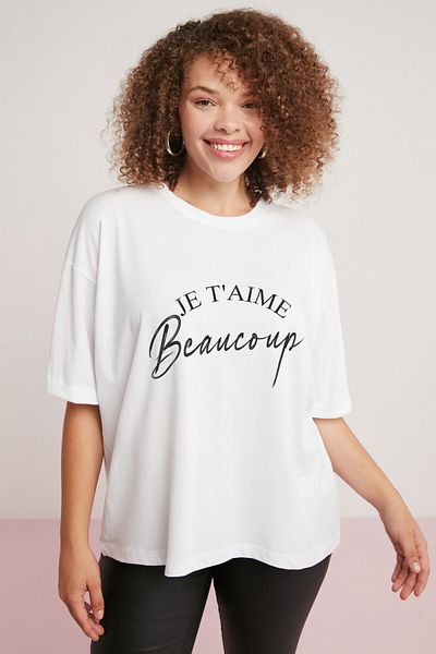 ETHIQUET Olive Women's Oversize White T-Shirt - 100% Cotton, Round Neck, Printed