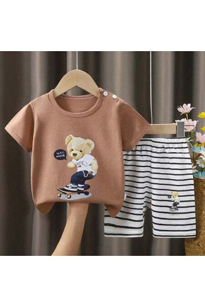 naynes طقم تي شيرت وشورت قطن 100% للفتيات والفتيان بعمر 3 سنوات - دمية دب بني