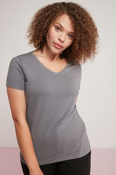ETHIQUET Loren Women's Cotton Regular Fit V-Neck Short Sleeve Gray Large Size Body