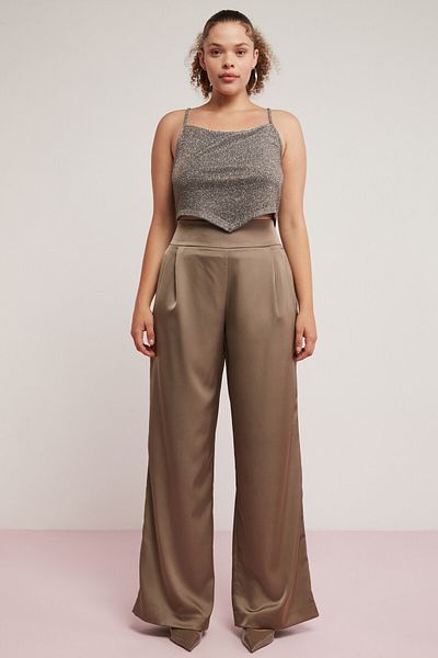 ETHIQUET Soleil Women's Satin Look Pleated Flare Mink Plus Size Trousers