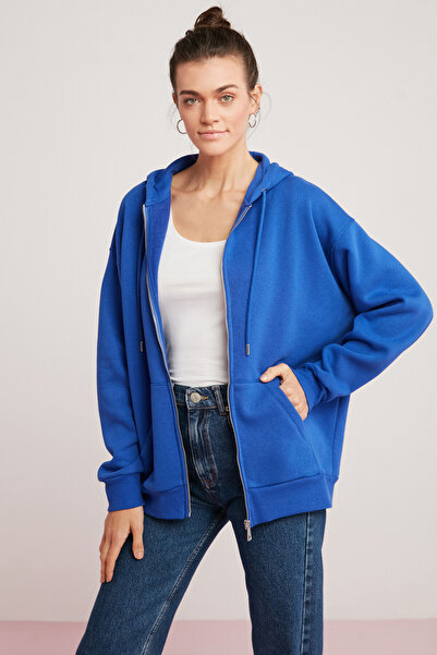 ETHIQUET Γυναικείο φούτερ Oynx από βαμβακερό Fleece Inside Soft Hooded Oversize με διπλή τσέπη Saks μπλε φούτερ