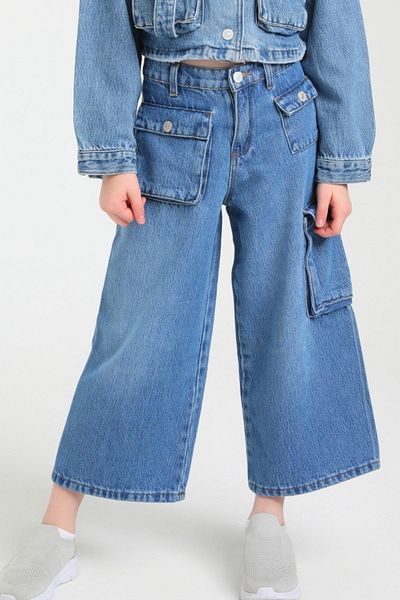 Escabel Girl - 5-9 Years Old Wide Leg Blue Denim Trousers with Pockets 2452