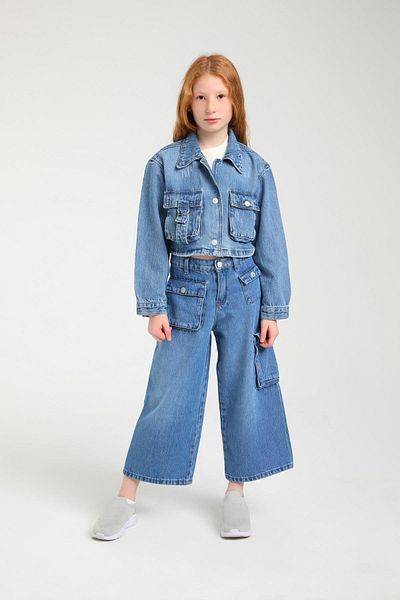 Escabel Girl - 5-9 Years Old Wide Leg Blue Denim Trousers with Pockets 2452