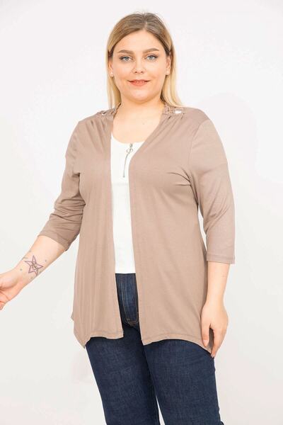 Şans Women's Mink Large Size Back Lace Detailed Capri Sleeve Cardigan 65n35780